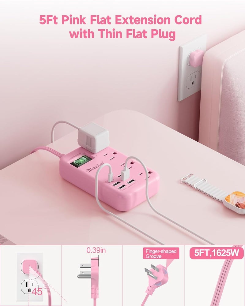 Beeiker 6 USB(2 USB C) Pink Extension Cord- 5Ft Travel Power Strip with 24W USB Charging Station and 4 Outlets, Pink Desk Accessories with Surge Protector for Cute Kawaii Gifts College Dorm Desk - Image 4